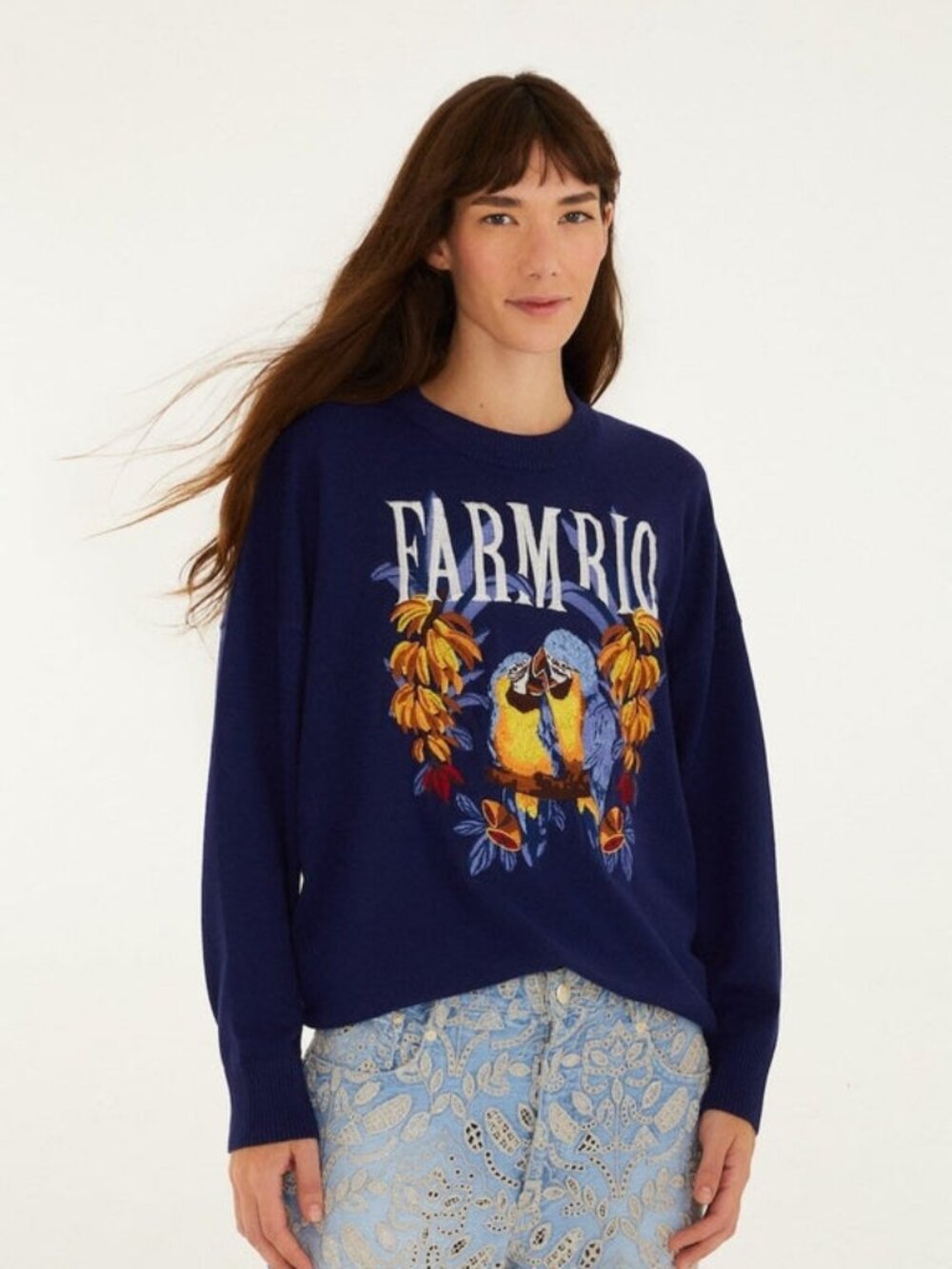Farm Rio Love Birds Embroidered Sweater Long Sleeves Women's Size M Dark Blue
